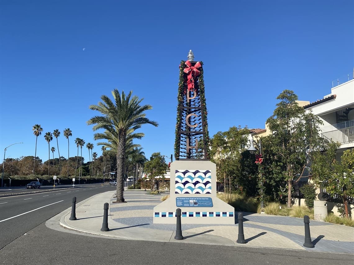 Large Dana Point plaza monument with intricate blue and white geometric tile work